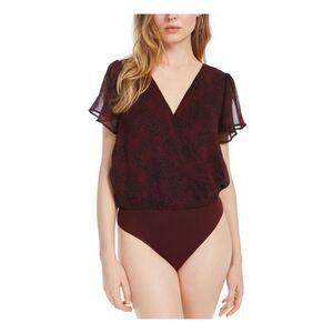 NWT ASH & VIOLET Womens Maroon Snap Closure Printed V Neck Body Suit Size: L